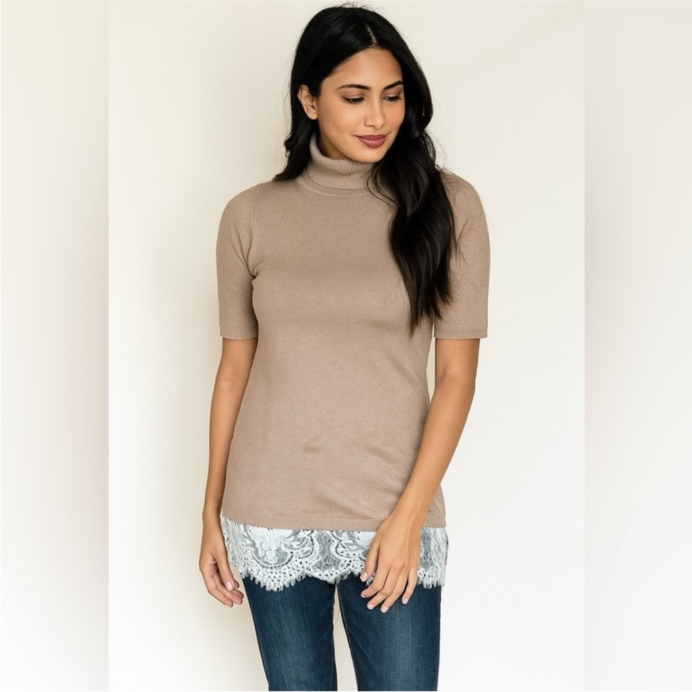 Petite Light Brown lace hem half sleeve sweater tunic top